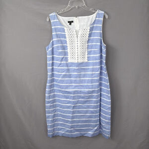 Talbots Dress Womens 14 Blue Linen Cotton Striped Sleeveless Preppy Pockets